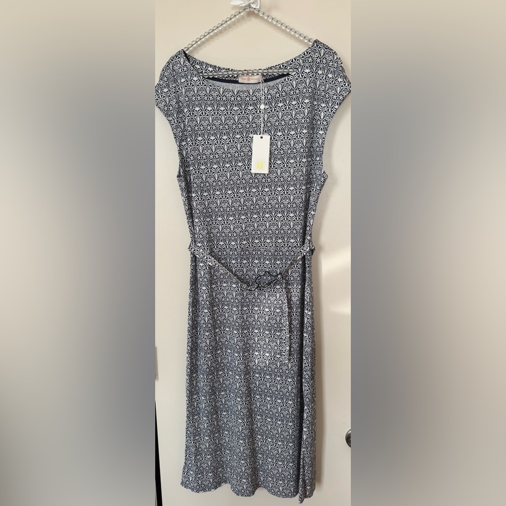 Tory Burch Navy and White Patterned Cap-Sleeve Midi Dress